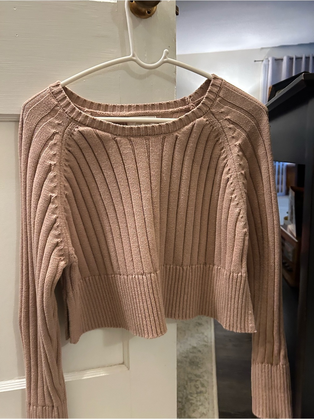 La Hearts Ribbed Crewneck Cropped Sweater in Tan